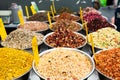 Various fruit teas on the counter in the market. Royalty Free Stock Photo