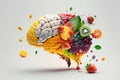 Various Fruits forming a creative brain, Eating healthy food as nutrition to improve memory and thinking. Generative ai