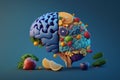 Various Fruits forming a creative brain, Eating healthy food as nutrition to improve memory and thinking. Generative ai