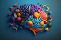 Various Fruits forming a creative brain, Eating healthy food as nutrition to improve memory and thinking. Generative ai Royalty Free Stock Photo