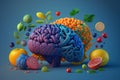 Various Fruits forming a creative brain, Eating healthy food as nutrition to improve memory and thinking. Generative ai Royalty Free Stock Photo