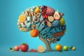 Various Fruits forming a creative brain, Eating healthy food as nutrition to improve memory and thinking. Generative ai Royalty Free Stock Photo