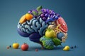 Various Fruits forming a creative brain, Eating healthy food as nutrition to improve memory and thinking. Generative ai