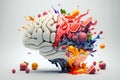 Various Fruits forming a creative brain, Eating healthy food as nutrition to improve memory and thinking. Generative ai