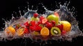 Various fruits had water splashing around them. The details are very realistic, the shades are beautiful Royalty Free Stock Photo
