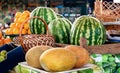 Various fruits on market counter