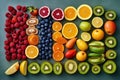 Various fruits sliced in half backgtound, flat lay. Generative AI