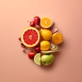 Various fruits sliced in half,minimal concept,pink background