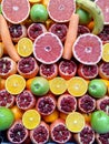 Various fruits sliced in half. Turkish fruit market. Fresh juice Royalty Free Stock Photo
