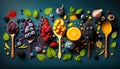 Various fruits and vegetables arranged in spoons on blue background. Generative AI Royalty Free Stock Photo