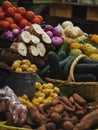 Various fruits and vegetables on display in typical indoor market Mercado 10 de Agosto in Cuenca Ecuador South America