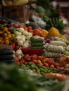 Various fruits and vegetables on display in typical indoor market Mercado 10 de Agosto in Cuenca Ecuador South America