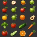 Various fruits and vegetables are illustrated against a dark background. The array Royalty Free Stock Photo