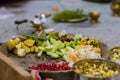 Various fruits and vegetables are kept together in brass plates for performing puja rituals in hindu festivals of Durga Puja, kali Royalty Free Stock Photo