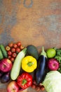 Various fruits and vegetables on rustic wooden background. Copy space. Healthy food. Top view. From above, overhead Royalty Free Stock Photo