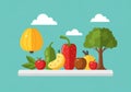 Various fruits and vegetables on a white shelf against a blue Royalty Free Stock Photo