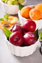 Various fruits in white bowls Royalty Free Stock Photo