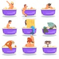 Various Funny Characters Taking Bath, Funny Fish, Dog, Penguin, Walrus, Cat, Mermaid Washing and Relaxing in Bathtub Royalty Free Stock Photo