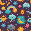 Various funny weather icons set. Cartoon seamless pattern