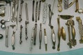 Various furniture handles in a showcase. Kitchen accessories. View from above