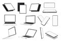 Various gadgets mockups. Laptop, Tablet and Mobile Phone. Realistic 3D devices with blank screen in isometric, frontal