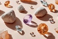 Various gemstones and rocks are displayed on a neutral surface with vibrant sunlight and shadows. Royalty Free Stock Photo