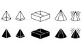 Various geometric shapes including pyramids and cubes in monochrome background Royalty Free Stock Photo
