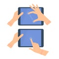 Various gestures of female hands with tablet screen.