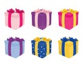 Various gift boxes set. Flat style colorful wrapped cube shape gift boxes vector illustration Royalty Free Stock Photo