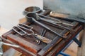 Various Glass Blowing Old Tools, Close View Royalty Free Stock Photo