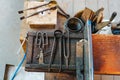 Various Glass Blowing Old Tools, Close View Royalty Free Stock Photo