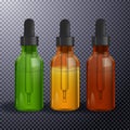 Various glass bottles with CBD oil, THC tincture and hemp leaves on a marble background. Flat lay, minimalism. Cosmetics CBD oil