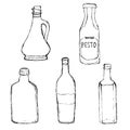 Various Glass Bottles set. Olive oil bottle, pesto dressing bottle, home wine bottle