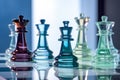 Various glass chess figures on board. Generative AI Royalty Free Stock Photo