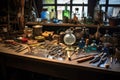various glassblowing tools on workshop table Royalty Free Stock Photo