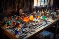 various glassblowing tools on workshop table Royalty Free Stock Photo