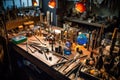 various glassblowing tools on workshop table Royalty Free Stock Photo