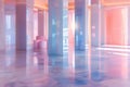 Various glassy surfaces reflect colors and light in a spacious interior. The setting features tall columns and soft shapes. Light Royalty Free Stock Photo
