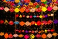 various glowing Chinese lanterns in park in night