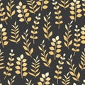 Various golden plant leaves seamless vector black background, hand drawn botanical illustration, floral decorative pattern,