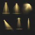 Various golden spotlight effects with light beams on a transparent background. Vector Royalty Free Stock Photo