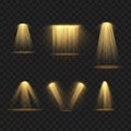 Various golden spotlight effects with light beams on a transparent background. Vector Royalty Free Stock Photo