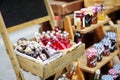 Various goods sold at small shops at the pedestrian area at center of Kalavryta town near the square and odontotos train station, Royalty Free Stock Photo