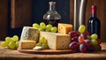 Various gourmet cheeses, fresh grapes, wine assortment the different in the kitchen italian delicatessen Royalty Free Stock Photo