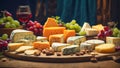 Various gourmet cheeses, fresh grapes, wine assortment the table in the kitchen italian delicatessen Royalty Free Stock Photo