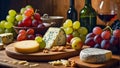 Various gourmet cheeses, fresh grapes, wine appetizer the different in the kitchen italian delicatessen Royalty Free Stock Photo