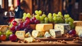 Various gourmet cheeses, fresh grapes, wine on the table in the kitchen italian Royalty Free Stock Photo