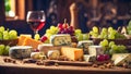 Various gourmet cheeses, fresh grapes, wine on the table in the kitchen Royalty Free Stock Photo