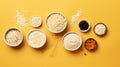 Vibrant Oatmeal Flatlay: Wholesome Grains And Cereals On Yellow Background