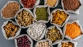 Various grains and dried fruit in hessian bags on market stall. Top view. Set of organic healthy products. Healthy eating concept Royalty Free Stock Photo